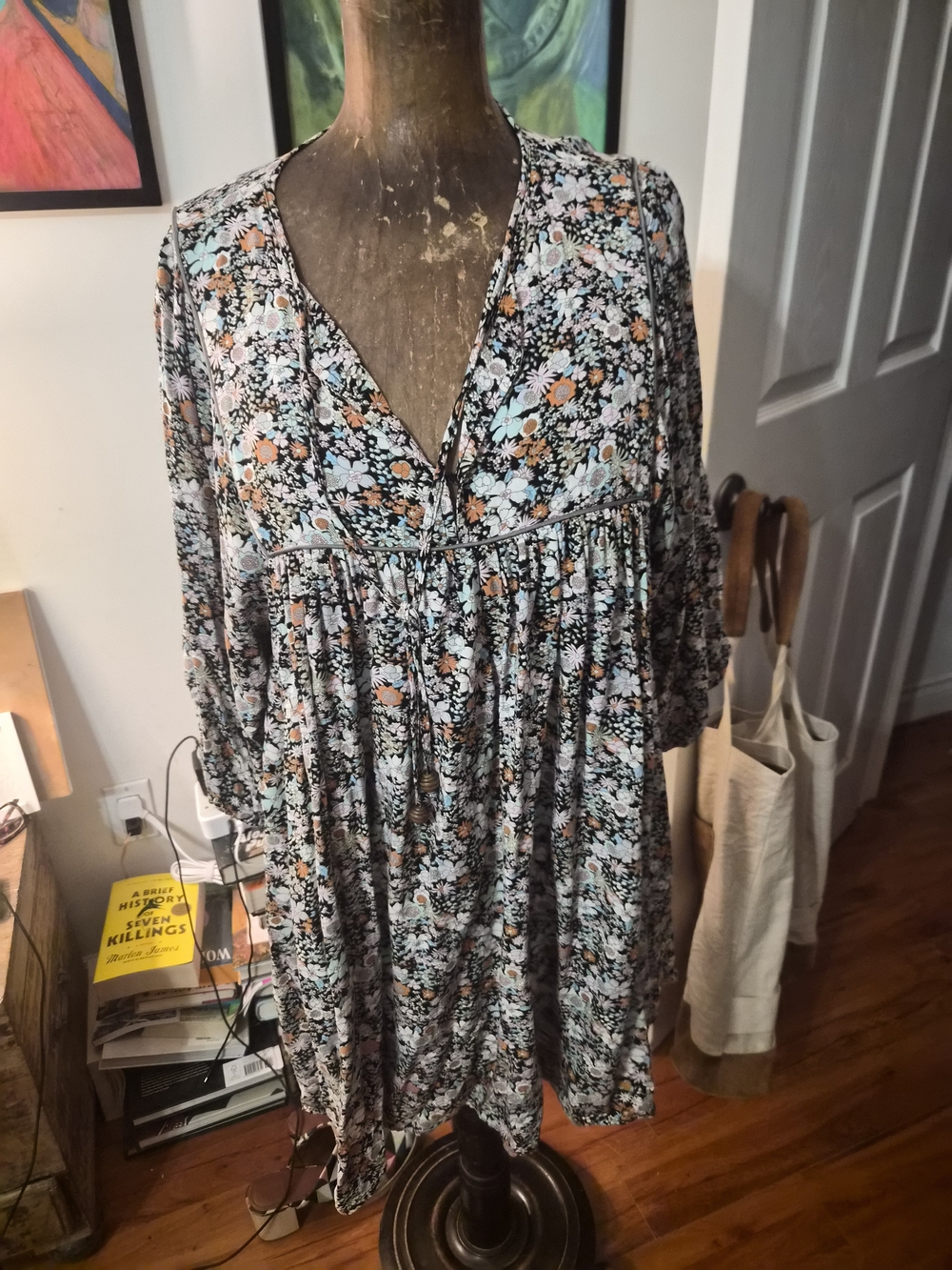 NATURAL LIFE Black Floral V-Neck Tiered Tunic with Blue and Rust Accents